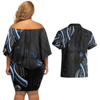 Traditional Art Hawaiian Kakau Tattoos Couples Matching Off Shoulder Short Dress and Hawaiian Shirt Blue Color LT03 - Polynesian Pride