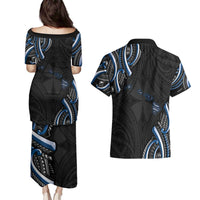 Traditional Art Hawaiian Kakau Tattoos Couples Matching Puletasi and Hawaiian Shirt Blue Color - Polynesian Pride