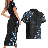 Traditional Art Hawaiian Kakau Tattoos Couples Matching Short Sleeve Bodycon Dress and Hawaiian Shirt Blue Color LT03 - Polynesian Pride