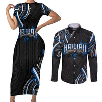 Traditional Art Hawaiian Kakau Tattoos Couples Matching Short Sleeve Bodycon Dress and Long Sleeve Button Shirt Blue Color LT03 Blue - Polynesian Pride
