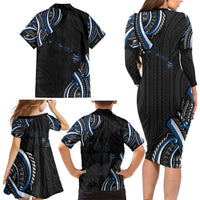 Traditional Art Hawaiian Kakau Tattoos Family Matching Long Sleeve Bodycon Dress and Hawaiian Shirt Blue Color LT03 - Polynesian Pride