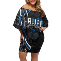 Traditional Art Hawaiian Kakau Tattoos Family Matching Off Shoulder Short Dress and Hawaiian Shirt Blue Color LT03 Mom's Dress Blue - Polynesian Pride