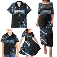 Traditional Art Hawaiian Kakau Tattoos Family Matching Puletasi and Hawaiian Shirt Blue Color LT03 - Polynesian Pride