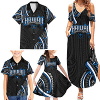 Traditional Art Hawaiian Kakau Tattoos Family Matching Summer Maxi Dress and Hawaiian Shirt Blue Color LT03 - Polynesian Pride