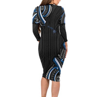 Traditional Art Hawaiian Kakau Tattoos Long Sleeve Bodycon Dress Blue Color - Polynesian Pride