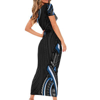 Traditional Art Hawaiian Kakau Tattoos Short Sleeve Bodycon Dress Blue Color - Polynesian Pride