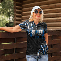 Traditional Art Hawaiian Kakau Tattoos Women Polo Shirt Blue Color - Polynesian Pride