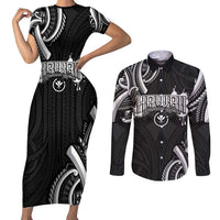 Traditional Art Hawaiian Kakau Tattoos Couples Matching Short Sleeve Bodycon Dress and Long Sleeve Button Shirt White LT03 White - Polynesian Pride