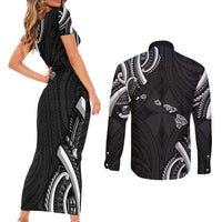 Traditional Art Hawaiian Kakau Tattoos Couples Matching Short Sleeve Bodycon Dress and Long Sleeve Button Shirt White LT03 - Polynesian Pride