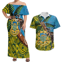 Tuvalu and Australia Together Couples Matching Off Shoulder Maxi Dress and Hawaiian Shirt Tapa Pattern and Aboriginal mix Culture