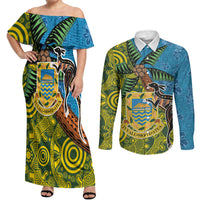 Tuvalu and Australia Together Couples Matching Off Shoulder Maxi Dress and Long Sleeve Button Shirt Tapa Pattern and Aboriginal mix Culture
