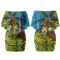 Tuvalu and Australia Together Couples Matching Off Shoulder Short Dress and Hawaiian Shirt Tapa Pattern and Aboriginal mix Culture