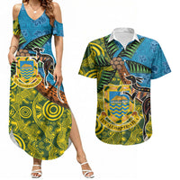 Tuvalu and Australia Together Couples Matching Summer Maxi Dress and Hawaiian Shirt Tapa Pattern and Aboriginal mix Culture