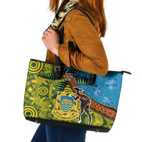 Tuvalu and Australia Together Leather Tote Bag Tapa Pattern and Aboriginal mix Culture
