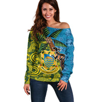 Tuvalu and Australia Together Off Shoulder Sweater Tapa Pattern and Aboriginal mix Culture