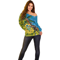 Tuvalu and Australia Together Off Shoulder Sweater Tapa Pattern and Aboriginal mix Culture