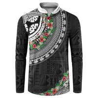 Fiji Hibiscus Button Sweatshirt Tapa Masi Motifs with Tropical Plants