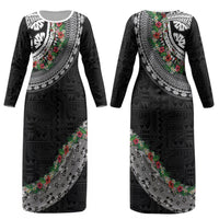 Fiji Hibiscus Couples Matching Long Sleeve Bodycon Dress and Hawaiian Shirt Tapa Masi Motifs with Tropical Plants