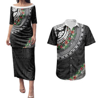 Fiji Hibiscus Couples Matching Puletasi and Hawaiian Shirt Tapa Masi Motifs with Tropical Plants