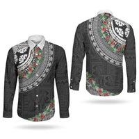 Fiji Hibiscus Couples Matching Puletasi and Long Sleeve Button Shirt Tapa Masi Motifs with Tropical Plants