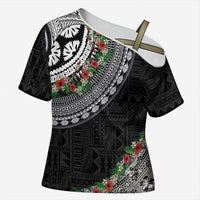Fiji Hibiscus Cross Shoulder Shirt Tapa Masi Motifs with Tropical Plants