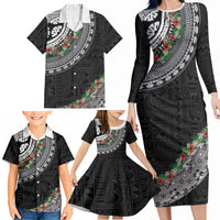 Fiji Hibiscus Family Matching Long Sleeve Bodycon Dress and Hawaiian Shirt Tapa Masi Motifs with Tropical Plants