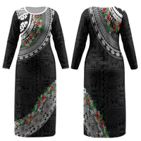Fiji Hibiscus Family Matching Long Sleeve Bodycon Dress and Hawaiian Shirt Tapa Masi Motifs with Tropical Plants