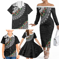 Fiji Hibiscus Family Matching Off The Shoulder Long Sleeve Dress and Hawaiian Shirt Tapa Masi Motifs with Tropical Plants