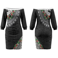 Fiji Hibiscus Family Matching Off The Shoulder Long Sleeve Dress and Hawaiian Shirt Tapa Masi Motifs with Tropical Plants