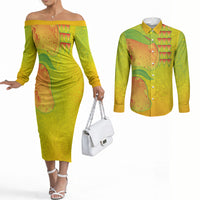 Hawaiian Mango Couples Matching Off The Shoulder Long Sleeve Dress and Long Sleeve Button Shirt Polynesian Art Pattern and Kakau Tattoo