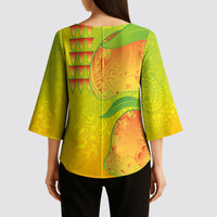 Hawaiian Mango Kimono Sleeve Blouse Polynesian Art Pattern and Kakau Tattoo