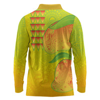 Hawaiian Mango Long Sleeve Polo Shirt Polynesian Art Pattern and Kakau Tattoo