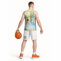 Hawaiian Ukulele Avocado Basketball Jersey Leis and Polynesian Pattern