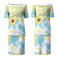 Hawaiian Ukulele Avocado Couples Matching Puletasi and Long Sleeve Button Shirt Leis and Polynesian Pattern