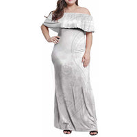 Tonga Faka Sepitema Family Matching Off Shoulder Maxi Dress and Hawaiian Shirt Ngatu Pattern with Plumeria and Hibiscus LT03 Mom's Dress White - Polynesian Pride