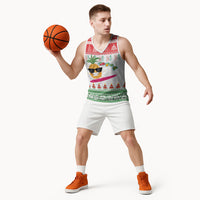 Hawaiian Mele Kalikimaka Basketball Jersey Funny Pineapple Surfing with Map Christmas Stripe Elements