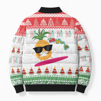 Hawaiian Mele Kalikimaka Bomber Puffer Jacket Funny Pineapple Surfing with Map Christmas Stripe Elements