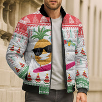 Hawaiian Mele Kalikimaka Bomber Puffer Jacket Funny Pineapple Surfing with Map Christmas Stripe Elements