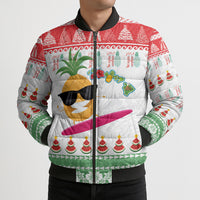 Hawaiian Mele Kalikimaka Bomber Puffer Jacket Funny Pineapple Surfing with Map Christmas Stripe Elements