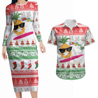Hawaiian Mele Kalikimaka Couples Matching Long Sleeve Bodycon Dress and Hawaiian Shirt Funny Pineapple Surfing with Map Christmas Stripe Elements