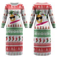 Hawaiian Mele Kalikimaka Couples Matching Long Sleeve Bodycon Dress and Hawaiian Shirt Funny Pineapple Surfing with Map Christmas Stripe Elements