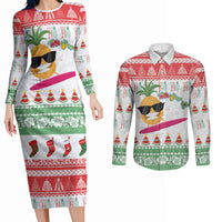 Hawaiian Mele Kalikimaka Couples Matching Long Sleeve Bodycon Dress and Long Sleeve Button Shirt Funny Pineapple Surfing with Map Christmas Stripe Elements