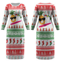 Hawaiian Mele Kalikimaka Couples Matching Long Sleeve Bodycon Dress and Long Sleeve Button Shirt Funny Pineapple Surfing with Map Christmas Stripe Elements