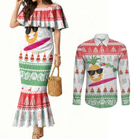 Hawaiian Mele Kalikimaka Couples Matching Mermaid Dress and Long Sleeve Button Shirt Funny Pineapple Surfing with Map Christmas Stripe Elements