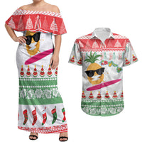 Hawaiian Mele Kalikimaka Couples Matching Off Shoulder Maxi Dress and Hawaiian Shirt Funny Pineapple Surfing with Map Christmas Stripe Elements