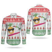 Hawaiian Mele Kalikimaka Couples Matching Off Shoulder Maxi Dress and Long Sleeve Button Shirt Funny Pineapple Surfing with Map Christmas Stripe Elements