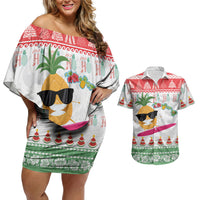Hawaiian Mele Kalikimaka Couples Matching Off Shoulder Short Dress and Hawaiian Shirt Funny Pineapple Surfing with Map Christmas Stripe Elements