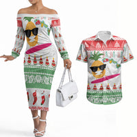 Hawaiian Mele Kalikimaka Couples Matching Off The Shoulder Long Sleeve Dress and Hawaiian Shirt Funny Pineapple Surfing with Map Christmas Stripe Elements