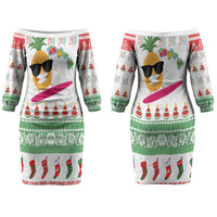 Hawaiian Mele Kalikimaka Couples Matching Off The Shoulder Long Sleeve Dress and Long Sleeve Button Shirt Funny Pineapple Surfing with Map Christmas Stripe Elements