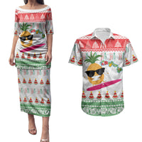 Hawaiian Mele Kalikimaka Couples Matching Puletasi and Hawaiian Shirt Funny Pineapple Surfing with Map Christmas Stripe Elements